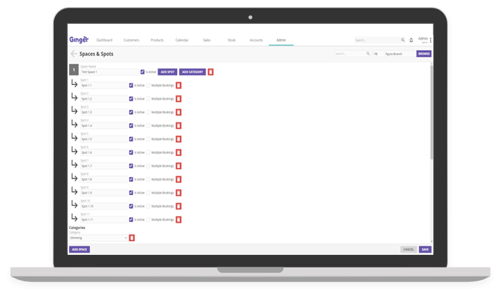 Ginger - Admin Site - Manage spaces and spots