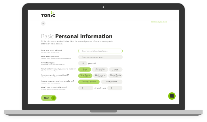 Tonic - Investor Portal - Robo advisory - desktop